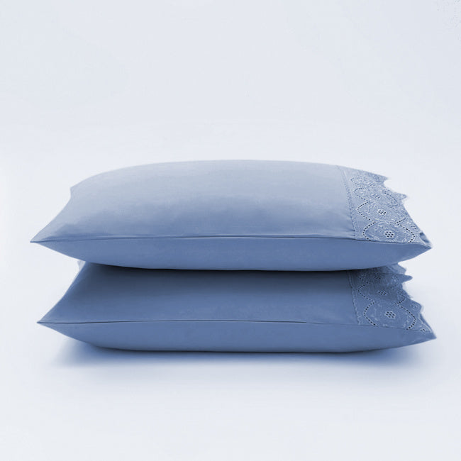 Jogo de Lençol Queen 4 Peças 300 Fios Lese Bordado Inglês Azul