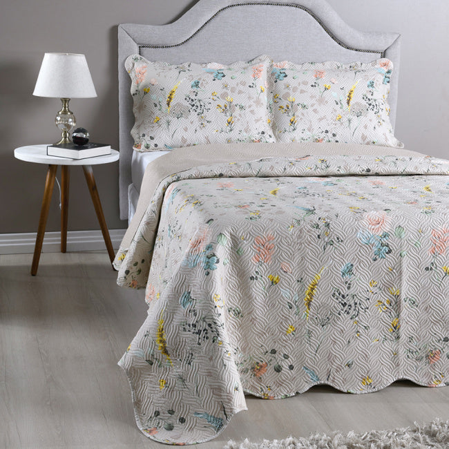 Kit Cobre Leito Colcha Queen 3 Peças Estampada Dupla Face Porta Travesseiro Aba Americana Cartagena Areia