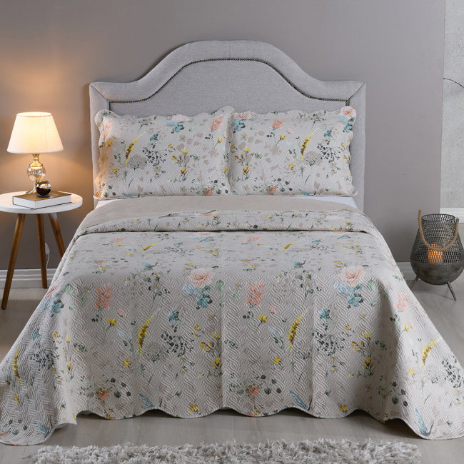 Kit Cobre Leito Colcha Queen 3 Peças Estampada Dupla Face Porta Travesseiro Aba Americana Cartagena Areia