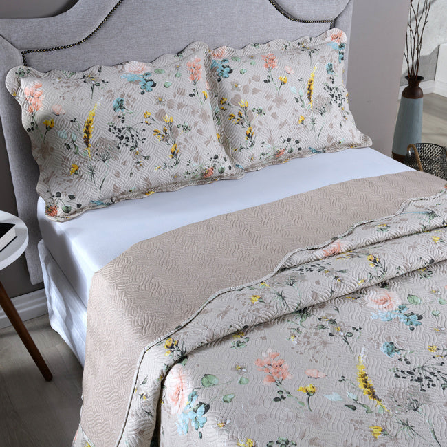 Kit Cobre Leito Colcha Queen 3 Peças Estampada Dupla Face Porta Travesseiro Aba Americana Cartagena Areia