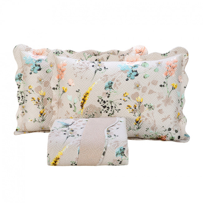 Kit Cobre Leito Colcha Queen 3 Peças Estampada Dupla Face Porta Travesseiro Aba Americana Cartagena Areia