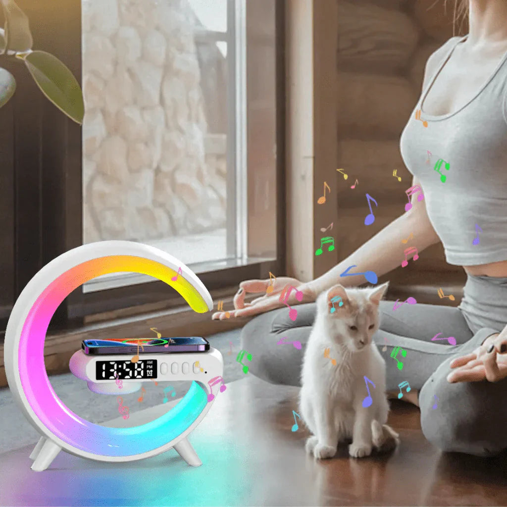 Luminária G Speaker Rgb Bluetooth Carregador Indução Relógio
