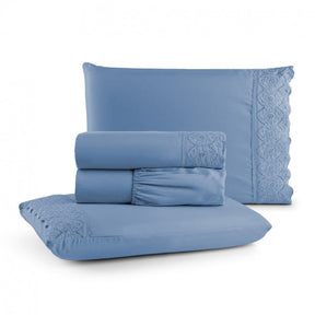 Jogo de Lençol Queen 4 Peças 300 Fios Lese Bordado Inglês Azul