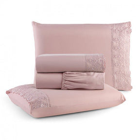 Jogo de Lençol 4 Peças Percal 300 Fios Lese Bordado Inglês Rose