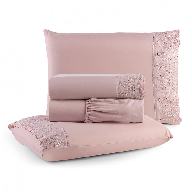 Jogo de Lençol 4 Peças Percal 300 Fios Lese Bordado Inglês Rose
