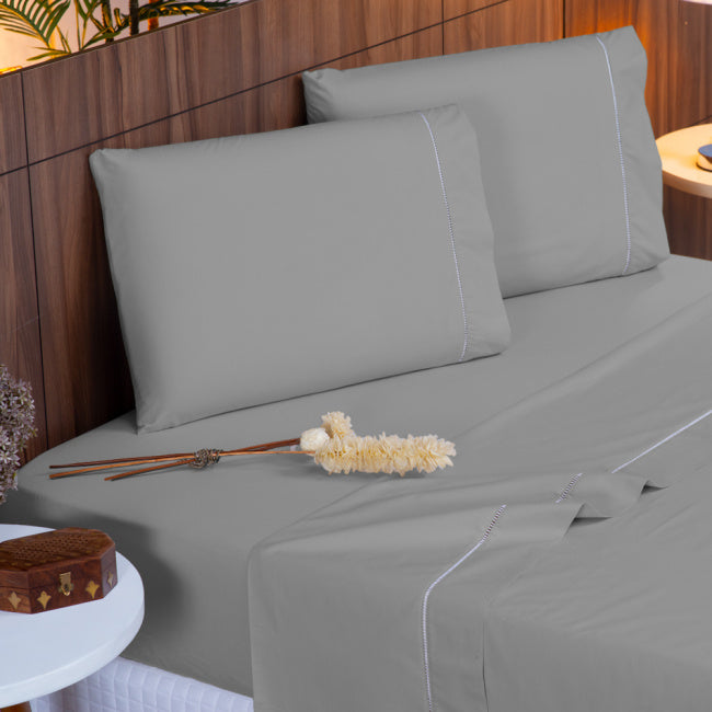 Jogo de Lençol Queen 4 Peças  400 Fios Ponto Palito Cinza