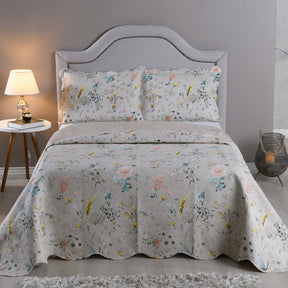 Kit Cobre Leito Colcha Queen 3 Peças Estampada Dupla Face Porta Travesseiro Aba Americana Cartagena Areia