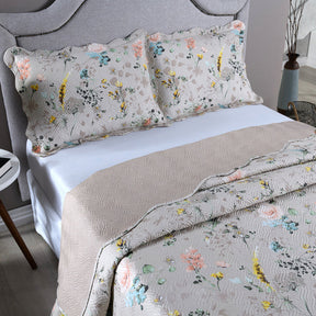 Kit Cobre Leito Colcha Queen 3 Peças Estampada Dupla Face Porta Travesseiro Aba Americana Cartagena Areia